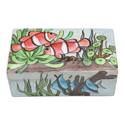 Wood decorative box, 'Secret Ocean' - Hand-Painted Suar Wood Decorative Box with Marine Scene