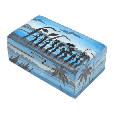 Caja decorativa de madera - Caja decorativa de madera de suar azul pintada inspirada en Melasti