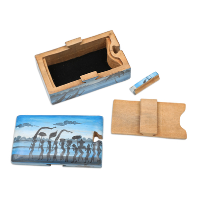 Caja decorativa de madera - Caja decorativa de madera de suar azul pintada inspirada en Melasti
