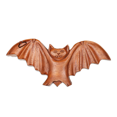 Wood puzzle box, 'Flying Bat' - Bat-Themed Suar Wood Puzzle Box Hand-Carved in Bali