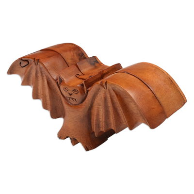 caja de rompecabezas de madera - Caja de rompecabezas de madera de suar con temática de murciélago tallada a mano en Bali