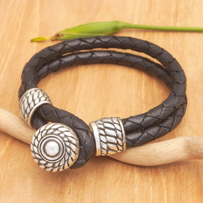 Men's leather braided strand bracelet, 'Balinese Reign' - Men's Leather Braided Strand Bracelet with 925 Silver Accent