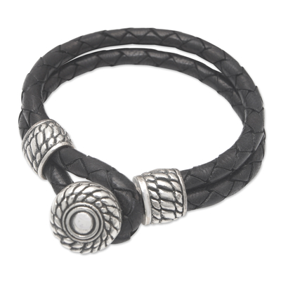 Men's leather braided strand bracelet, 'Balinese Reign' - Men's Leather Braided Strand Bracelet with 925 Silver Accent