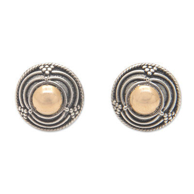 Gold-accented stud earrings, 'Golden Tide' - 18k Gold-Accented Sterling Silver Round Stud Earrings