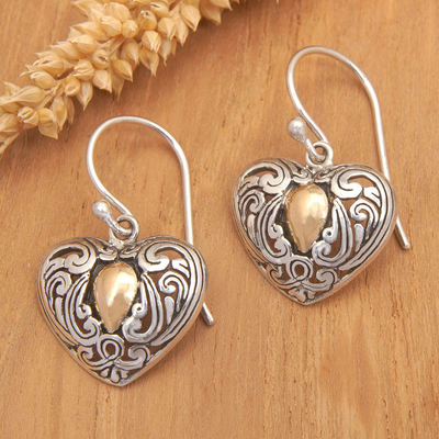Gold-accented dangle earrings, 'Golden Devotion' - Heart-Shaped Dangle Earrings with 18k Gold-Plated Accents