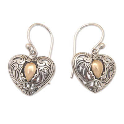 Gold-accented dangle earrings, 'Golden Devotion' - Heart-Shaped Dangle Earrings with 18k Gold-Plated Accents