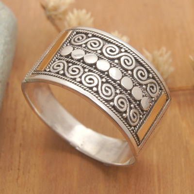 Gold-accented band ring, 'Golden Tegalalang' - Traditional Balinese Polished 18k Gold-Accented Band Ring