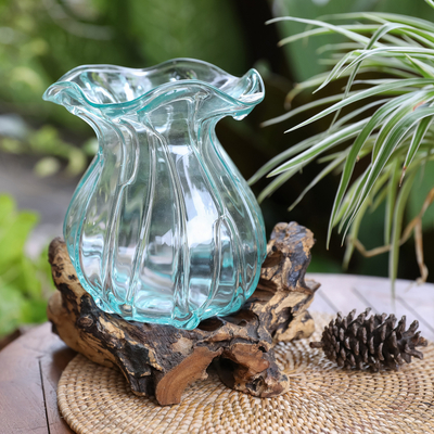 Hand-blown glass and wood vase, 'Sparkling Beauty' - Unique Hand-Blown Glass and Gamal Wood Vase Made in Bali