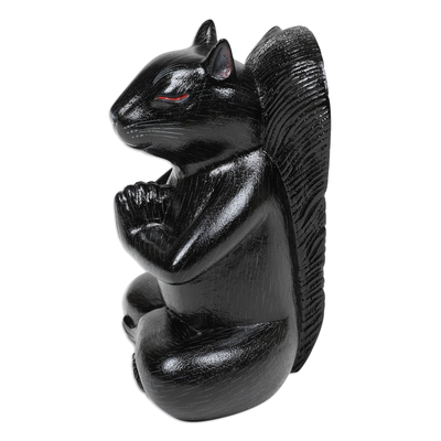 Wood statuette, 'Prudent Apprentice at Night' - Handcrafted Black Suar Wood Squirrel Statuette from Bali