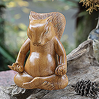 Wood statuette, 'Prudent Master' - Hand-Carved Polished Suar Wood Squirrel Statuette from Bali