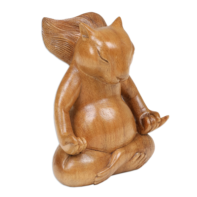 Wood statuette, 'Prudent Master' - Hand-Carved Polished Suar Wood Squirrel Statuette from Bali