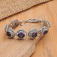Amethyst link bracelet, 'Bali Spirituality' - Sterling Silver Link Bracelet with 22-Carat Amethyst Gems