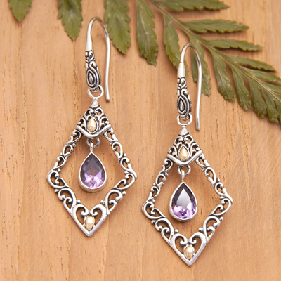 Gold-accented amethyst dangle earrings, 'Shadow Mirror' - Gold-Accented Sterling Silver Dangle Earrings with Amethysts