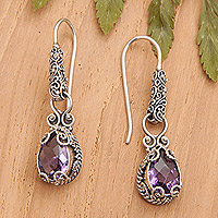 Pendientes colgantes de amatista, 'Púrpura exquisito' - Pendientes colgantes de amatista y plata con grabados intrincados