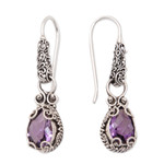 Amethyst dangle earrings, 'Exquisite Purple' - Amethyst & Silver Dangle Earrings with Intricate Engravings