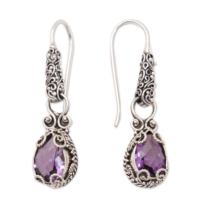 Amethyst dangle earrings, 'Exquisite Purple' - Amethyst & Silver Dangle Earrings with Intricate Engravings