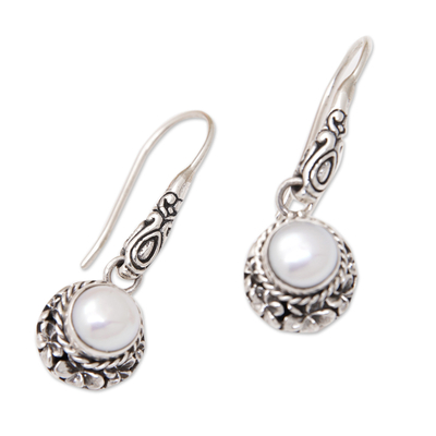 Cultured pearl dangle earrings, 'Frangipani Majesty' - Frangipani Sterling Silver Dangle Earrings with Grey Pearls
