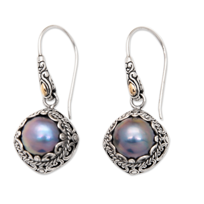 Gold-accented cultured Mabe pearl dangle earrings, 'Starry Garden' - Gold-Accented Silver & Cultured Mabe Pearl Dangle Earrings