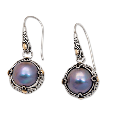 Gold-accented cultured Mabe pearl dangle earrings, 'Night Dew' - Silver Cultured Mabe Pearl Dangle Earrings with Gold Accent