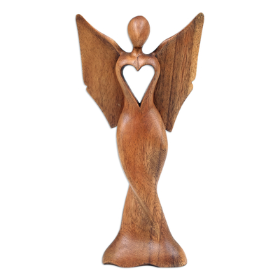 Wood sculpture, 'Celestial Protection' - Hand-Carved Semi-Abstract Suar Wood Sculpture of an Angel