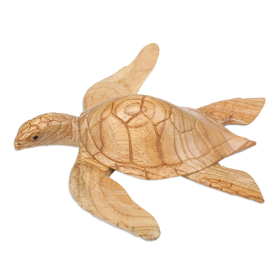 Holzskulptur - Holzskulptur einer schwimmenden Schildkröte, handgeschnitzt auf Bali