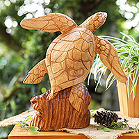 Wood sculpture, 'Rock Turtle' - Wood Sculpture of Turtle on A Rock Hand-Carved in Bali
