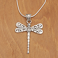 Sterling silver pendant necklace, 'Gianyar Dragonfly'