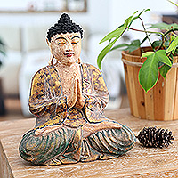 Holzskulptur „Meditationsbuddha“ – handbemalte Suar-Holzskulptur eines Buddha aus Bali