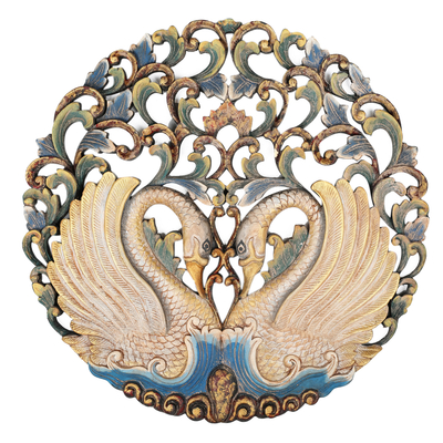 Wood relief panel, 'Swan Glory' - Hand-Painted Swan-Themed Suar Wood Relief Panel from Bali