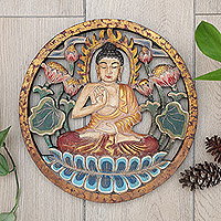 Wood relief panel, 'Buddha's Paradise' - Hand-Painted Lotus-Themed Suar Wood Relief Panel of Buddha