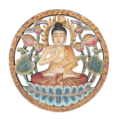 Reliefplatte aus Holz - Handbemalte Suar-Holz-Relieftafel mit Lotusmotiv von Buddha
