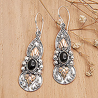 Gold-accented onyx dangle earrings, 'Flaming Protection' - 18k Gold-Accented Dangle Earrings with Onyx Cabochons