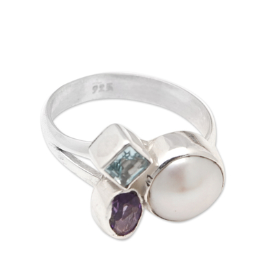Multi-gemstone cocktail ring, 'Jewels from Heaven' - Amethyst and Blue Topaz Cocktail Ring with White Pearl