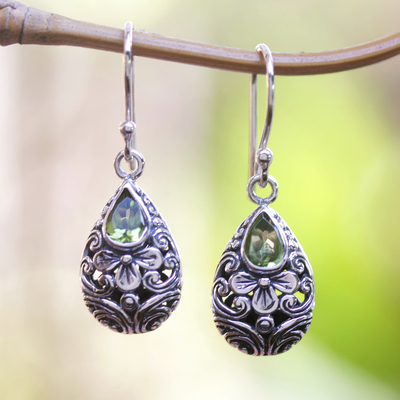 Peridot dangle earrings, 'Fortune Fantasy' - Sterling Silver Floral Dangle Earrings with Peridot Jewels