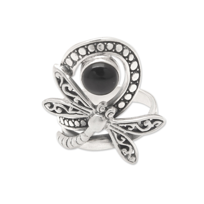 Onyx cocktail ring, 'Dragonfly's Palace' - Dragonfly-Themed Sterling Silver Cocktail Ring with Onyx Gem