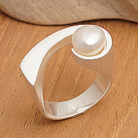 Cultured pearl single stone ring, 'Waves of Uluwatu' - Ocean-Inspired Matte Sterling Silver Ring with White Pearl