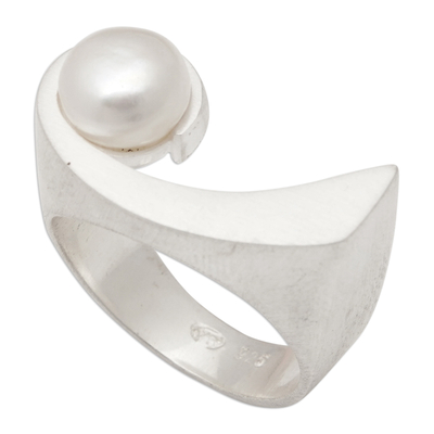 Cultured pearl single stone ring, 'Waves of Uluwatu' - Ocean-Inspired Matte Sterling Silver Ring with White Pearl