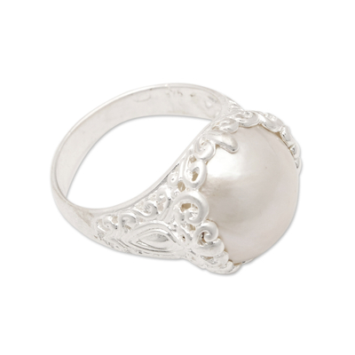 Cultured pearl domed cocktail ring, 'Ocean Fairy Tale' - Traditional Sterling Silver Domed Cocktail Ring with Pearl
