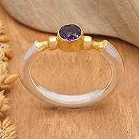 Gold-accented amethyst single stone ring, 'Majestic Purple' - 18k Gold-Accented Single Stone Ring with Round Amethyst