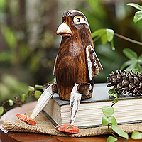 Wood sculpture, 'Feathered Thoughts in Brown' - Hand-Painted Albesia Wood Sculpture of a Brown Bird