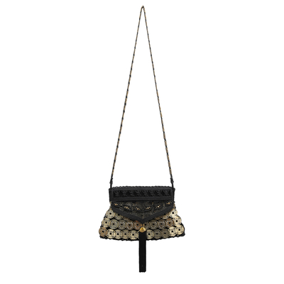 Black Zinc and Cotton Sling Bag with Brass Beads and Tassel