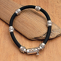 Men's sterling silver beaded bracelet, 'Glad Man' - Balinese Stylish Sterling Silver Men's Cord Beaded Bracelet