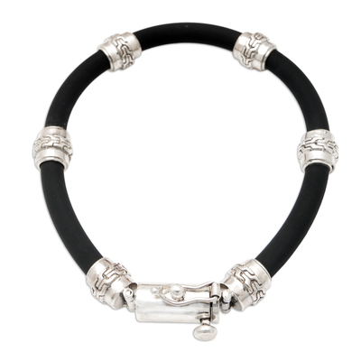 Men's sterling silver beaded bracelet, 'Glad Man' - Balinese Stylish Sterling Silver Men's Cord Beaded Bracelet