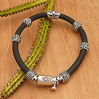 Men's sterling silver beaded bracelet, 'Noble and Strong' - Balinese Men's Cord Bracelet with Sterling Silver Beads