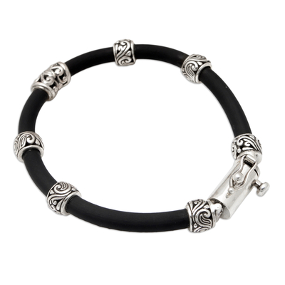 Men's sterling silver beaded bracelet, 'Noble and Strong' - Balinese Men's Cord Bracelet with Sterling Silver Beads