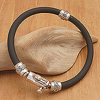 Men's sterling silver pendant bracelet, 'Men's Passion' - Balinese Men's Cord Bracelet with Sterling Silver Pendant