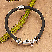 Sterling silver and rubber pendant bracelet, 'Balinese Nature' - Black Rubber Pendant Bracelet with Sterling Silver Details