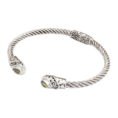 Peridot cuff bracelet, 'Fortune Fates' - Balinese Sterling Silver Cuff Bracelet with Peridot Gems