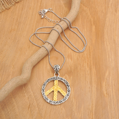 Gold-accented pendant necklace, 'Peace of the Universe' - Peace Sign Gold-Accented Pendant Necklace Made in Bali