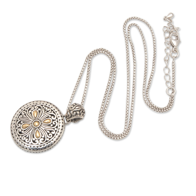 Gold-accented sterling silver pendant necklace, 'Sarasvati Garden' - Floral 18k Gold-Accented Sterling Silver Pendant Necklace